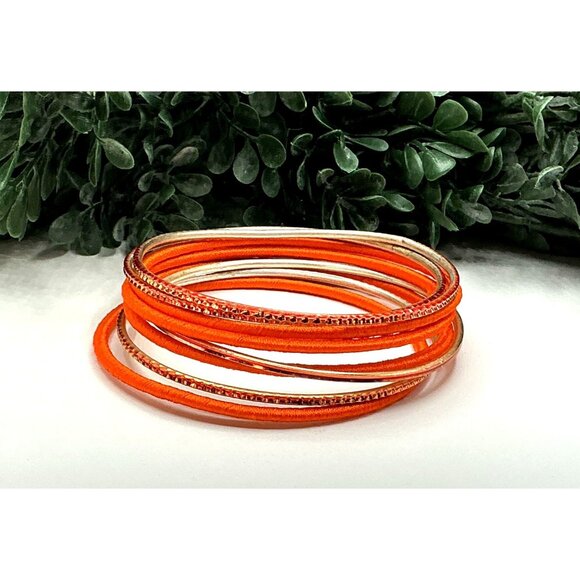 Set Of 8 Orange and Gold Tone Bangles With Shimmer Accents - Picture 1 of 4